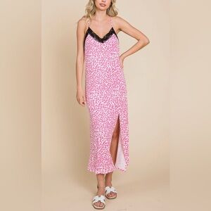 577/Pink Leopard Print Lace trim dress